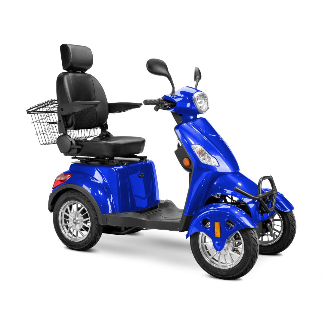 The Bespoke Prestige Recreational 4-Wheel Scooter features a blue finish, 600W motor, black cushioned adjustable seat with backrest and armrests, plus a rear wire basket—designed for comfortable personal transport.